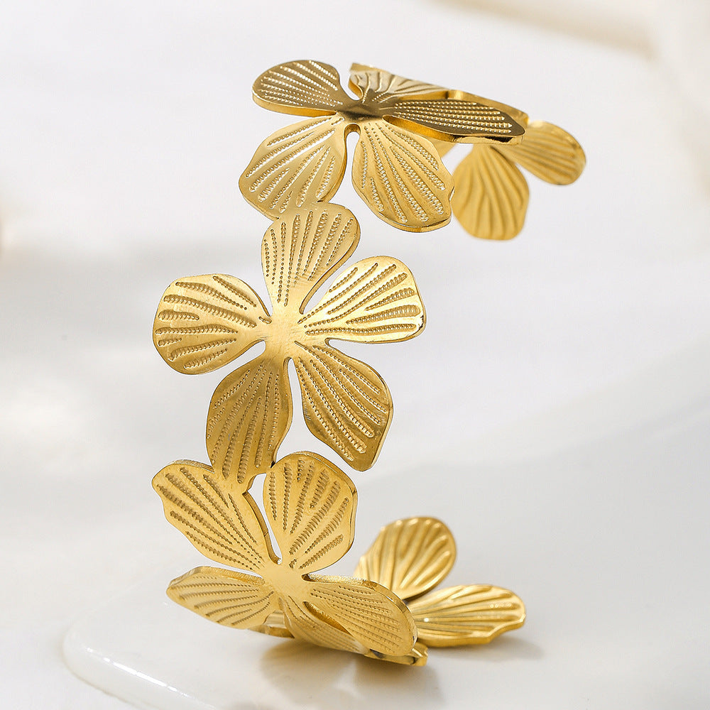 18K Gold Plated Geometric Floral Stainless Steel Cuff Bracelet