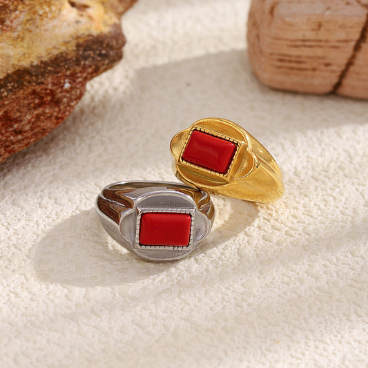 Vintage Style Geometric Stainless Steel Plated 18K Gold Red Stone Ring for Women Luxury Fashion Accessory
