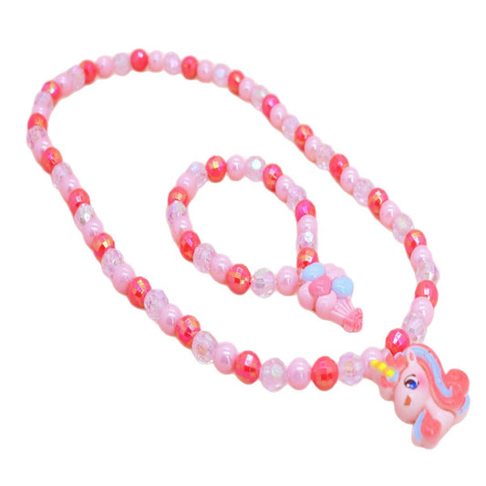 Cartoon Unicorn Resin Necklace for Kids with Round Bead Chain, Handmade Animal-Shaped Pendant, Princess Collection Jewelry