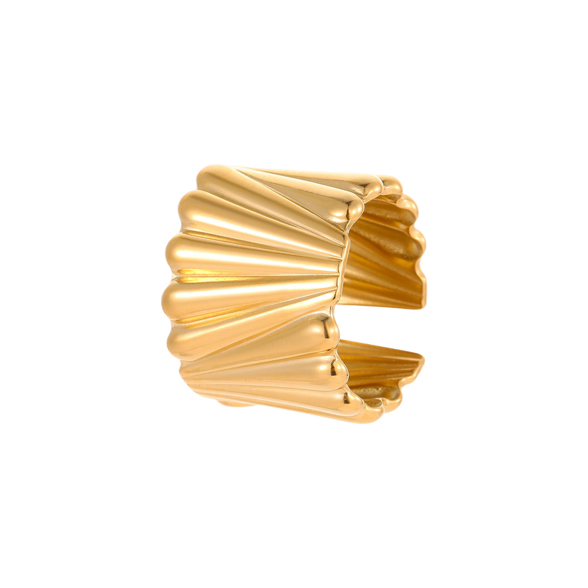 Anillo de banda ancha minimalista de acero inoxidable con superficie texturizada vertical y diseño abierto ajustable para mujer
