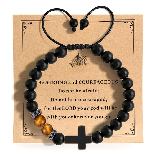 Matte Black Tiger's Eye Cross Bracelet Unisex Adjustable Woven Handmade Gift