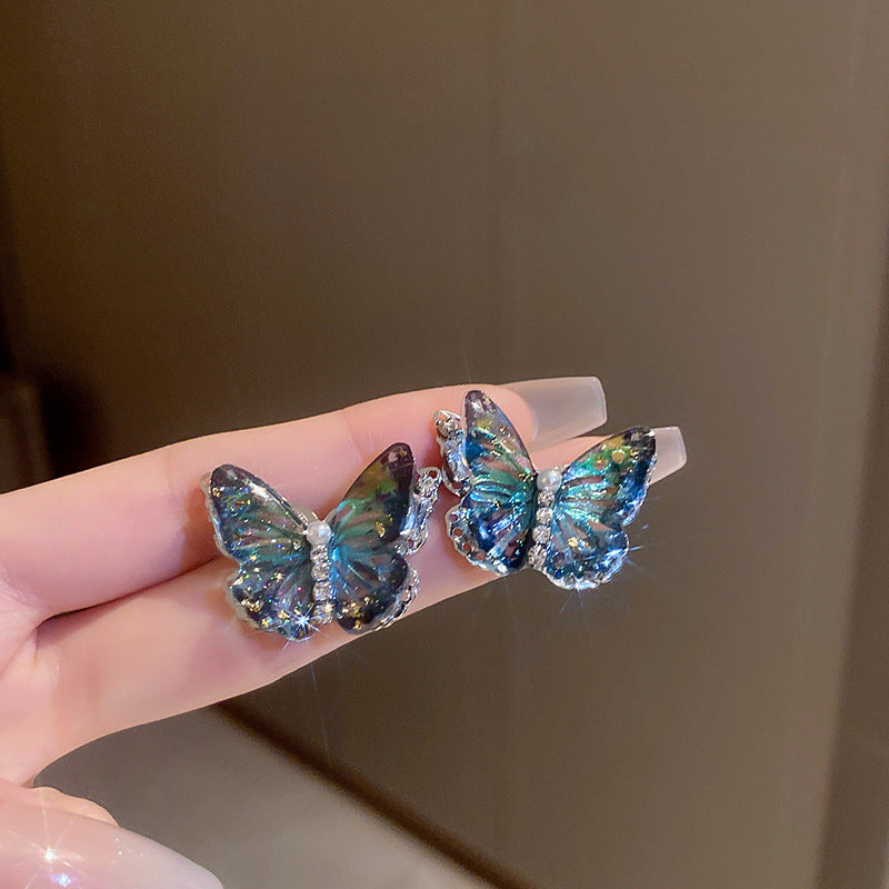 Vintage Green Rhinestone Butterfly Pearl Earrings with Stainless Steel Posts for Women