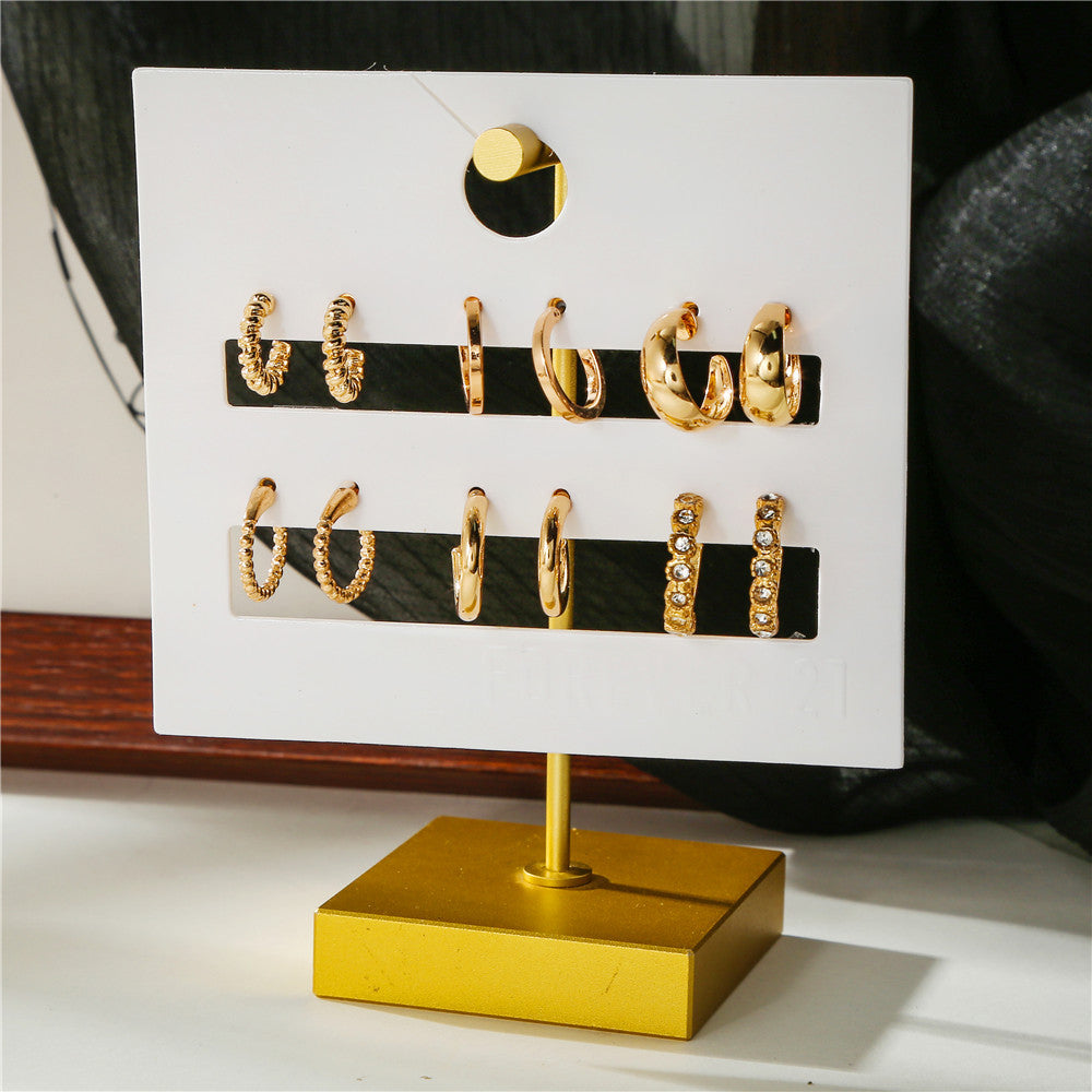 Minimalist Sweet Geometric Round Rhinestone Inlay Alloy C-Shape Earrings for Women
