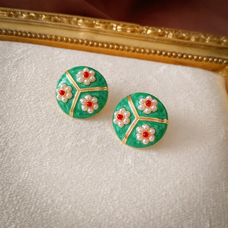 Vintage Floral Round Enamel Pearl Stud Earrings in Alloy with Stainless Steel Posts for Women