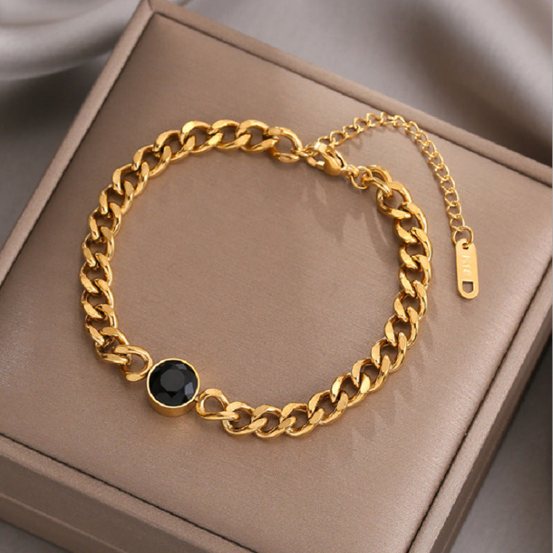 Bracciale Minimalista Punk Vintage in Acciaio al Titanio con Accenti di Strass Neri Sfaccettati Tondi e Design a Maglia Serpente