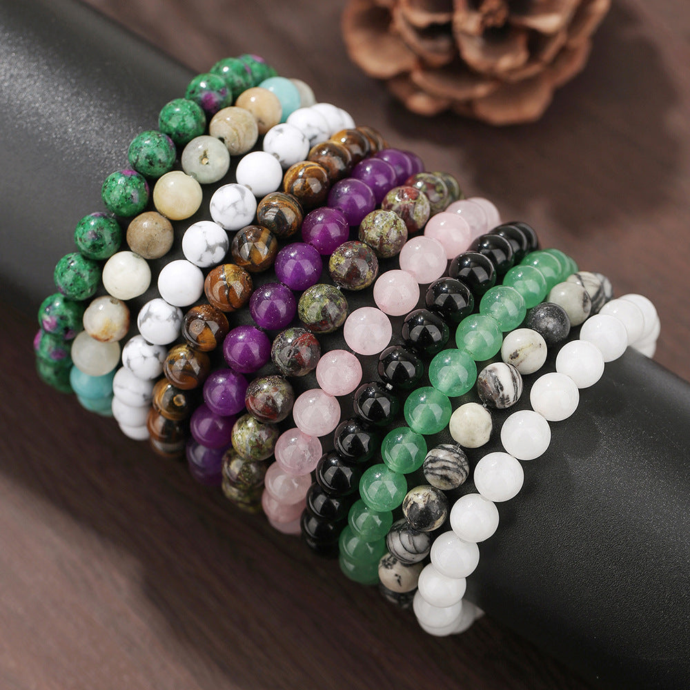 Vintage Bohemian Round Geometric Volcanic Stone Tiger Eye Rose Quartz Black Agate Amethyst Beaded Bracelet Unisex