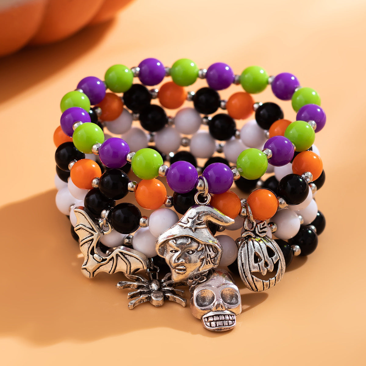 Halloween Pumpkin Bracelet with Bat and Skull Pendant Alloy Handmade Bracelet for Women and Men Vintage Artistic Style