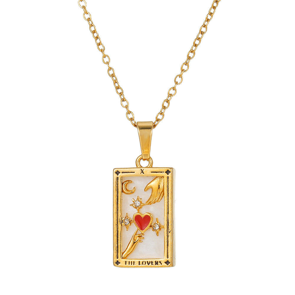 Vintage Casual Rectangle Drip Oil Cubic Zirconia Stainless Steel Necklace with Geometric Tarot Pendant Cable Chain Unisex