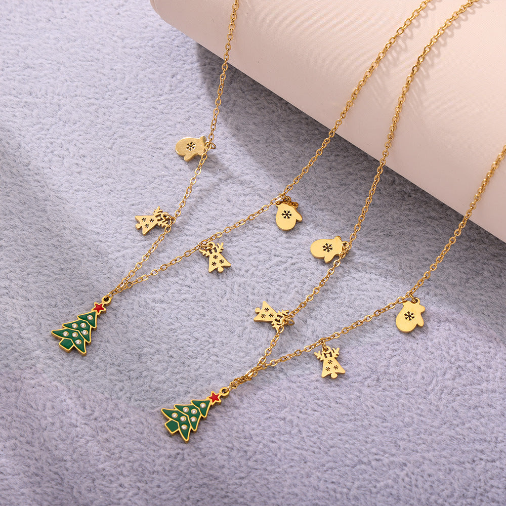 Collana con Ciondolo a Ruota Panoramica Geometrica di Lusso in Acciaio Inossidabile con Finitura Smaltata Verde e Dettagli in Zircone su Catena Standard da Donna