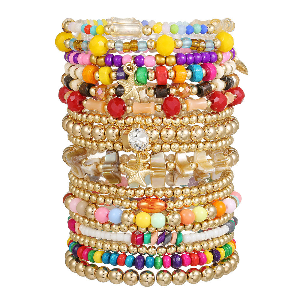 Bohemian Handmade Geometric Round Wood Glass Resin Beaded Bracelet Set for Women