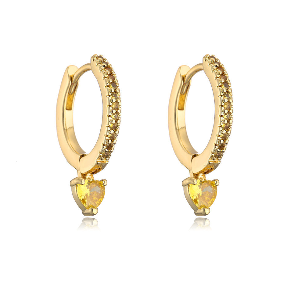 Geometric Heart-Shaped Copper Earrings with 18K Gold Plating and Zircon Inlay for Women