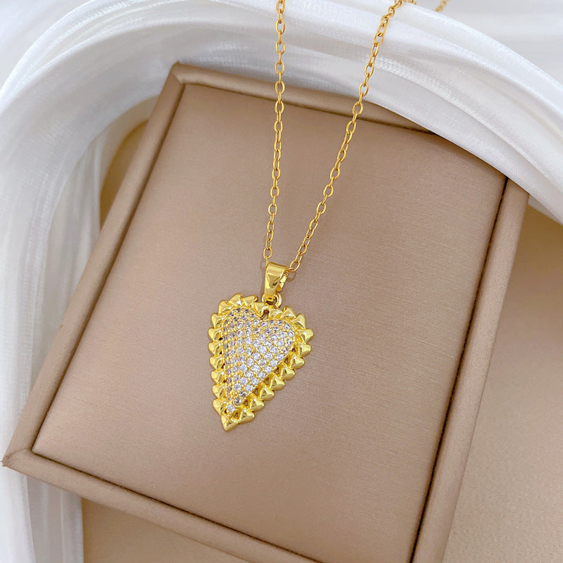 Sweet Minimalist Heart Geometric Titanium Steel Necklace with Cubic Zirconia Brass Pendant for Unisex