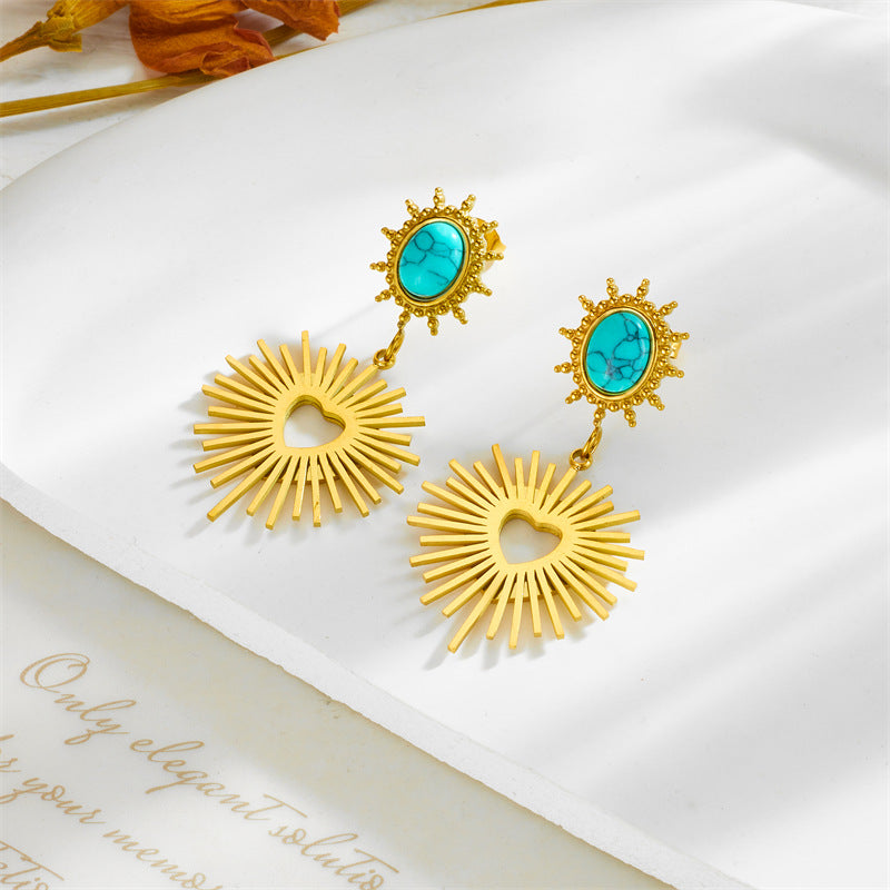 Orecchini vintage a forma di sole e cuore geometrici irregolari color turchese in acciaio al titanio con finitura galvanica