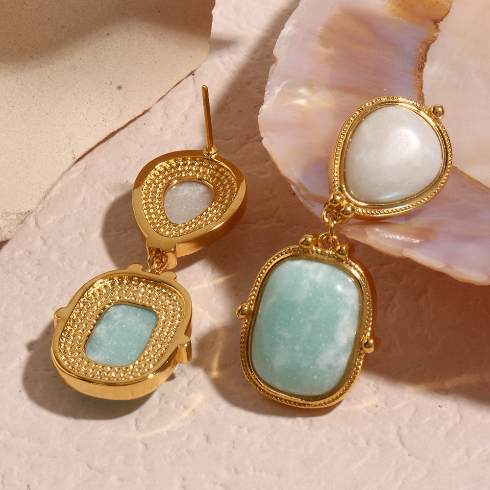 Geometric French-Inspired Fashion Earrings in Titanium Steel with 18K Gold Plating and Natural Lapis Lazuli Accents