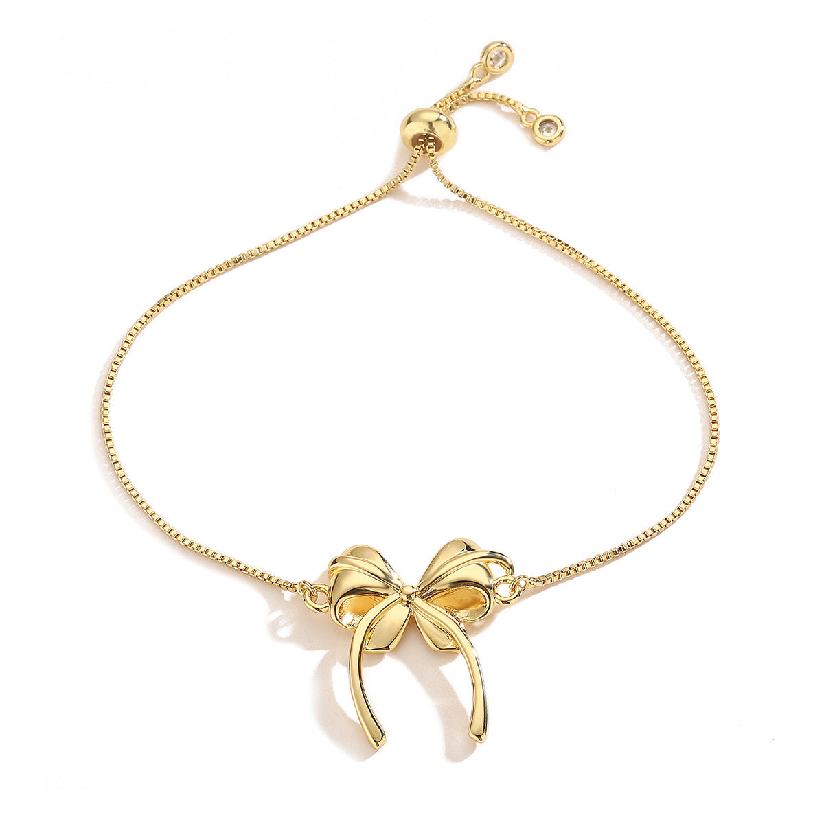 Sweet Style Bowknot-Shaped Hand Chain for Women Made of Brass with Real Gold Plating and Micro-Paved Zirconia