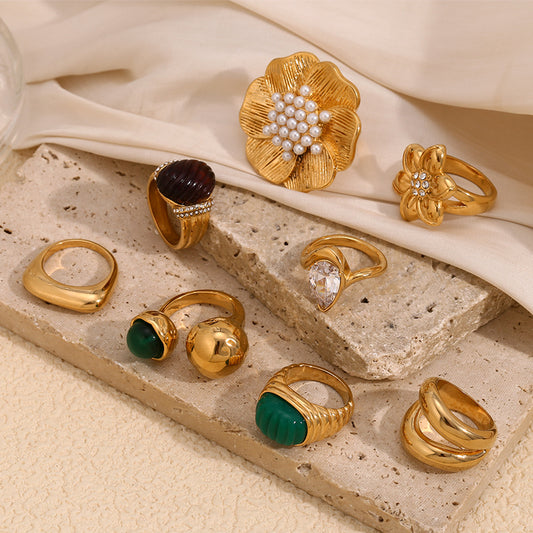 Vintage Elegant 18K Gold Plated Stainless Steel Oval Floral Geometric Ring for Women