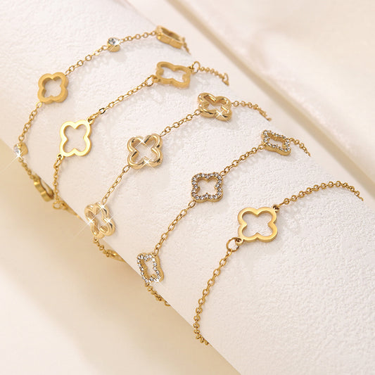 Minimalist Elegant Gold Plated Stainless Steel Four-Leaf Clover Cubic Zirconia Bracelet for Women