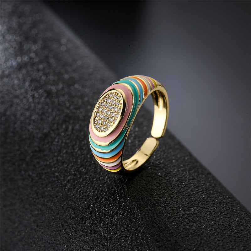 Candy Color Drip Oil Brass Geometric Ring with Micro-set Cubic Zirconia for Women