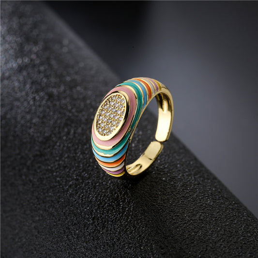 Candy Color Drip Oil Brass Geometric Ring with Micro-set Cubic Zirconia for Women
