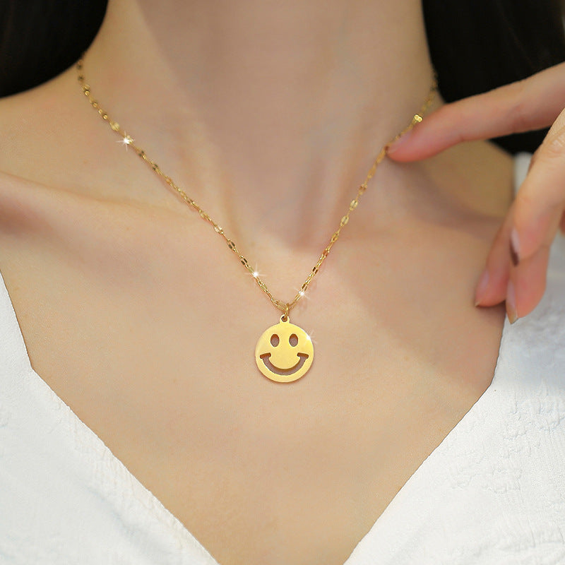 Minimalist Geometric Smiley Face Pendant Necklace for Women in Titanium Steel with Gold Plating