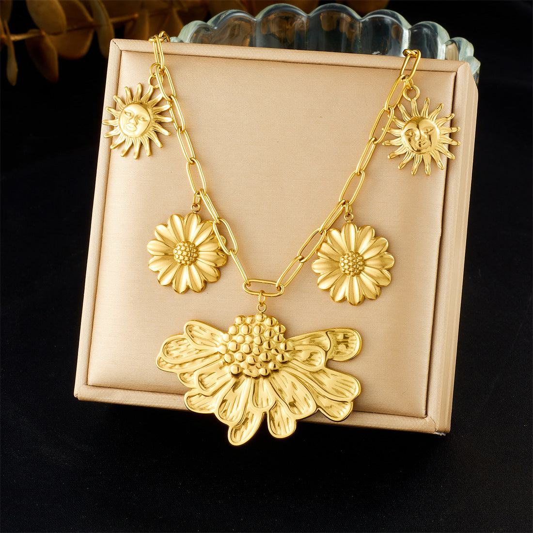 Chic Gold Plated Stainless Steel Heart Bow Floral Pendant Necklace Curb Chain
