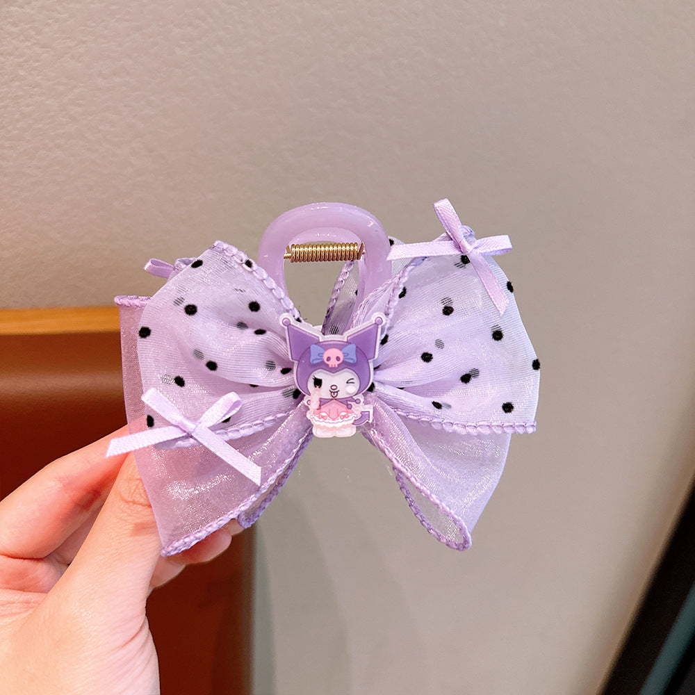Cartoon Style Bow Hair Clip for Girls with Tulle and Sanrio-Inspired Character Design