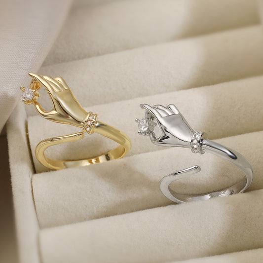 Anillo de Cobre Geométrico Minimalista con Baño de Oro de 18K e Incrustaciones de Circonitas para Mujer