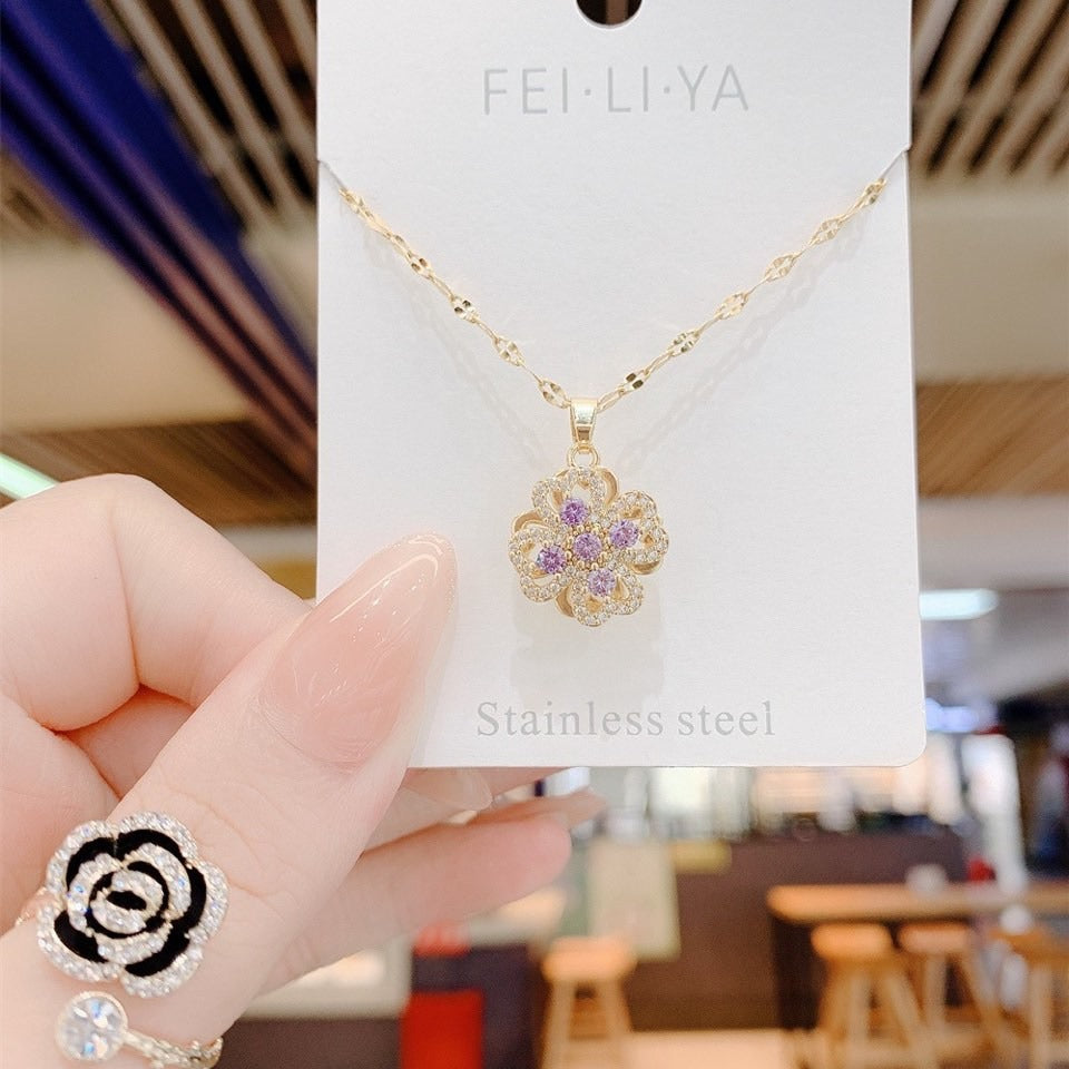 Collana da Donna con Ciondolo Trifoglio Fortunato Girevole in Acciaio Inossidabile Placcato, Girocollo Corto con Maglia a O