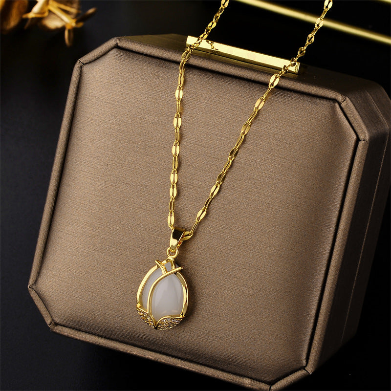 Collana da donna in acciaio al titanio a forma di tulipano con placcatura in oro e intarsio in pietra occhio di gatto, gioielli a collare con catena ondulata