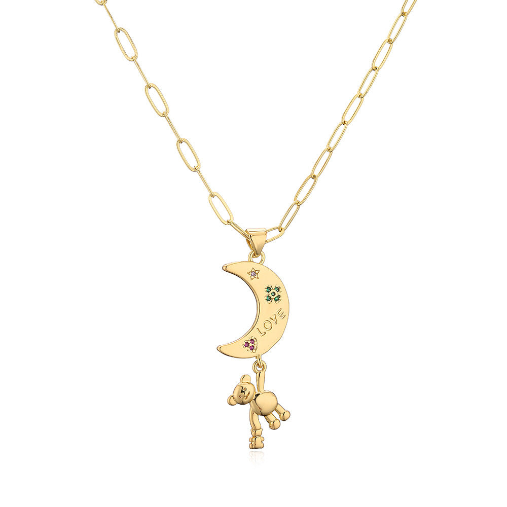 Collana con ciondolo orso luna minimalista da donna con base in rame placcata in oro vero e intarsio in zirconi
