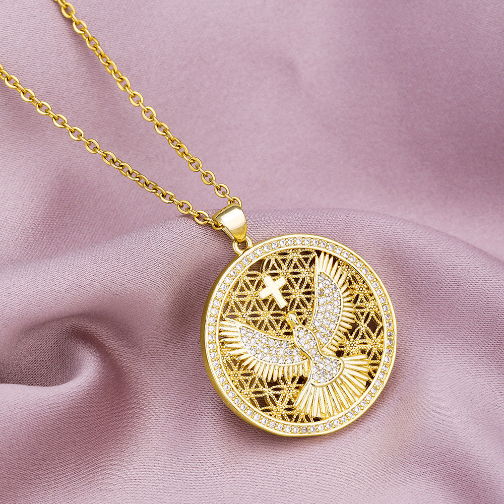 Collana con Ciondolo a Croce Etnica Vintage Aquila Guardiana Placcata Oro 18K Rame con Zirconia Cubica e Catenina a O Unisex