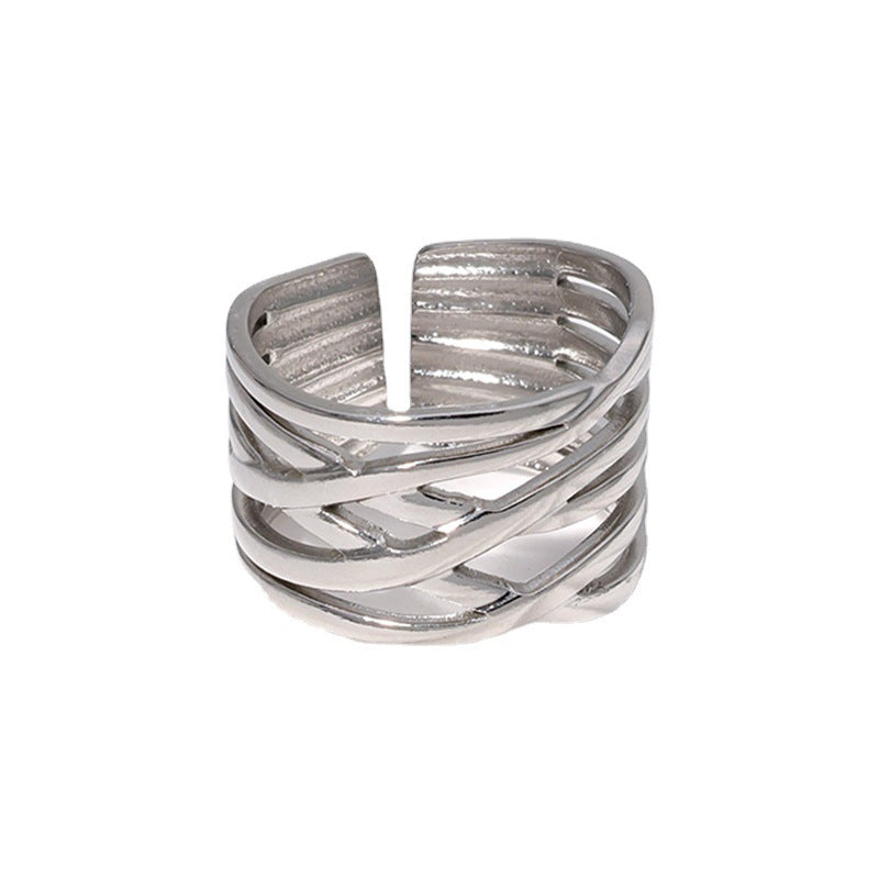 Anello Largo Aperto da Donna Minimalista Geometrico a Linee in Acciaio al Titanio con Design Cavo e Finitura Placcata