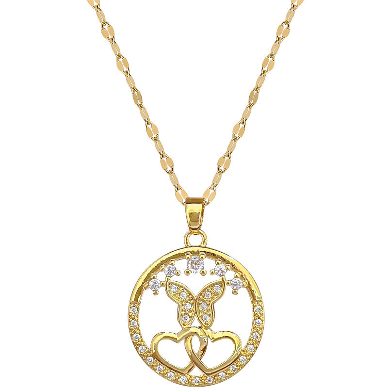 Elegant Butterfly and Heart Shaped Titanium Steel Necklace with Rhinestone Inlay for Women, Minimalist Geometric Locket Chain