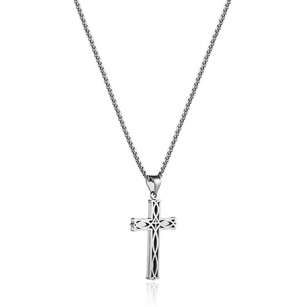 Minimalist Celtic Knot Cross Pendant Necklace for Men in Stainless Steel with Polished Titanium Steel Charm on Pearl Chain