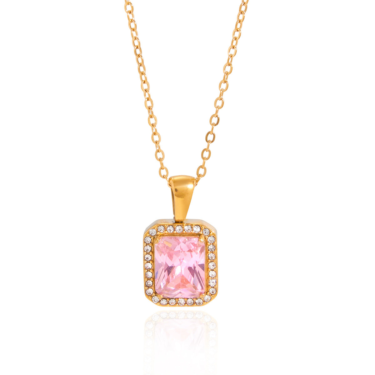 Minimalist Pink Cubic Zirconia Geometric Square PVD Gold Plated Stainless Steel Necklace for Women