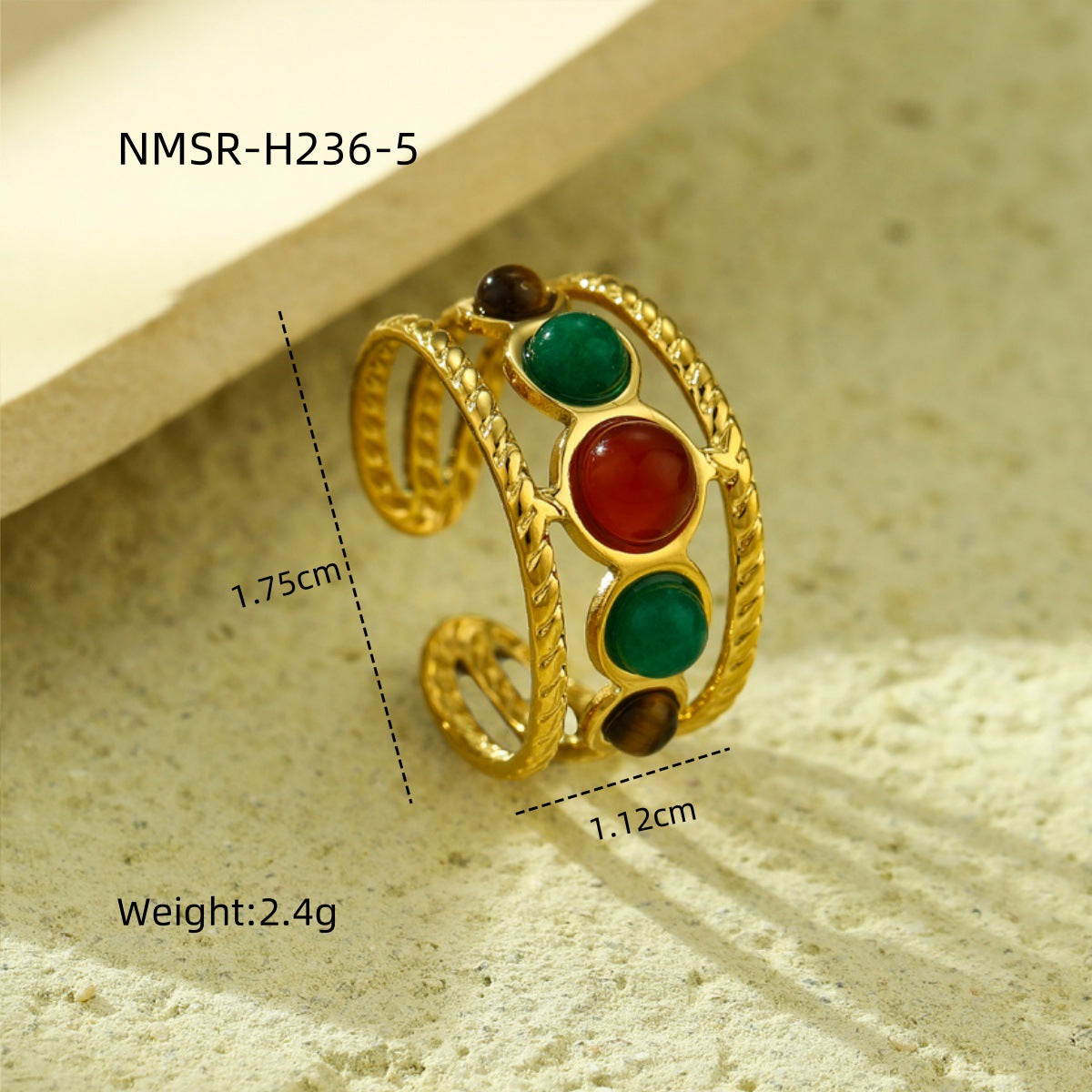 Anillo minimalista de acero de titanio con diseño geométrico, chapado en oro de 18 quilates y detalles de piedra natural para mujer