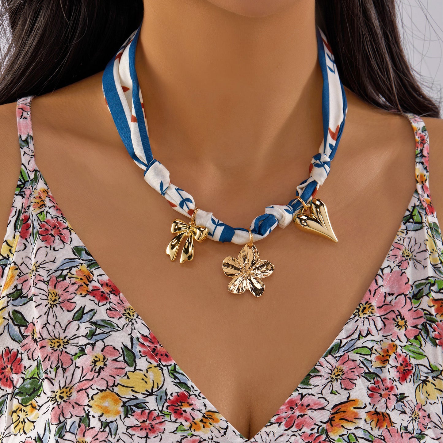 Sweet Colorful Braided Alloy Fruit Floral Pendant Ribbon Necklace for Women