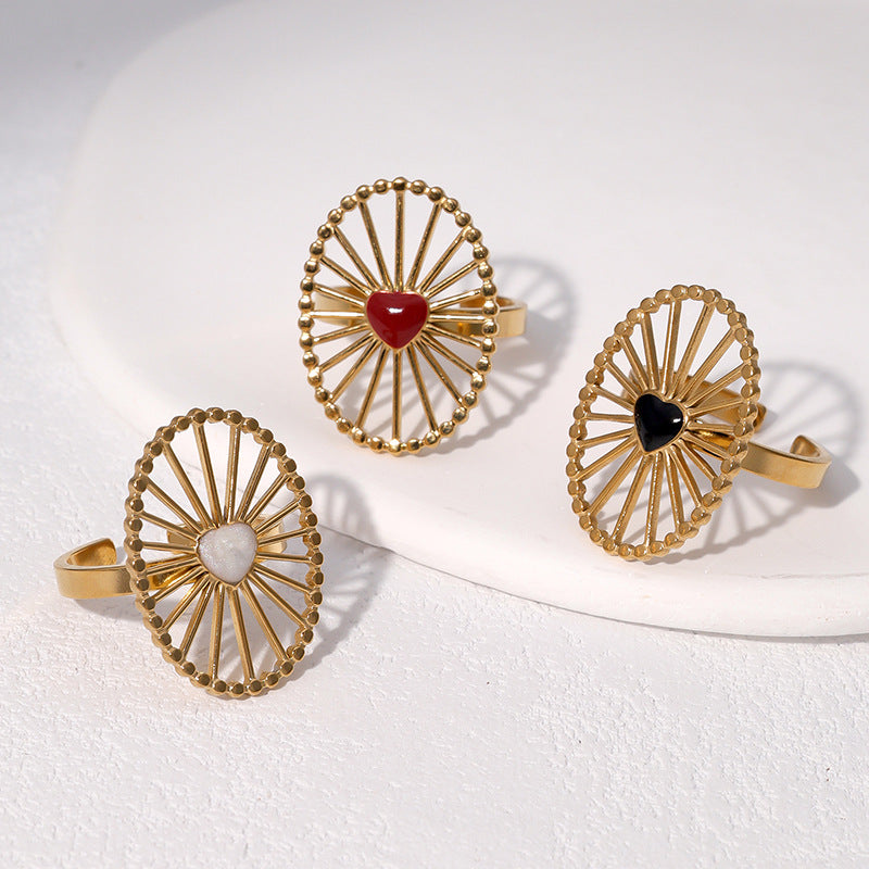 Anello Minimalista Geometrico da Donna in Acciaio Inossidabile Smaltato con Fascia Aperta e Dettaglio a Cuore