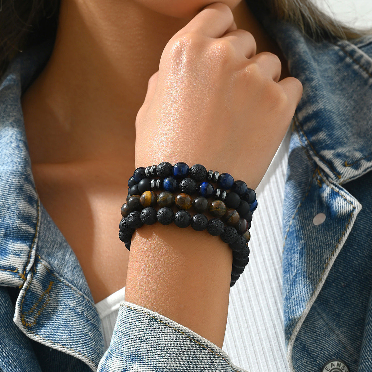 Pulsera geométrica trenzada vintage con piedra natural para hombres y mujeres, pulsera unisex hecha a mano con cuentas redondas