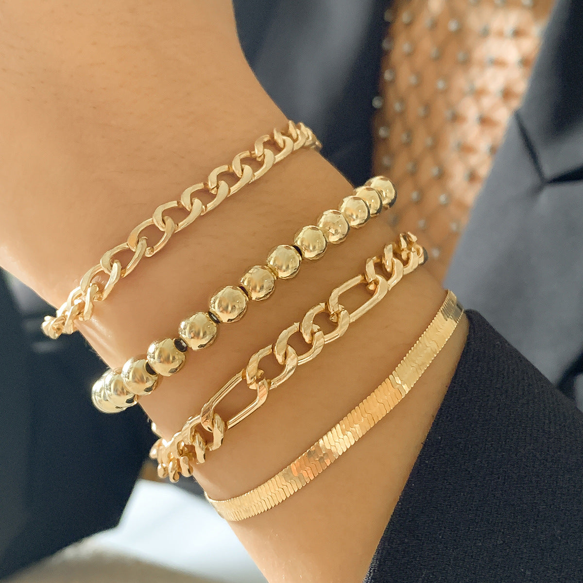 Sweet-Edgy Geometric Hollow-Out Snake Chain Bracelet Set for Women in Metal with Rhinestone Inlay