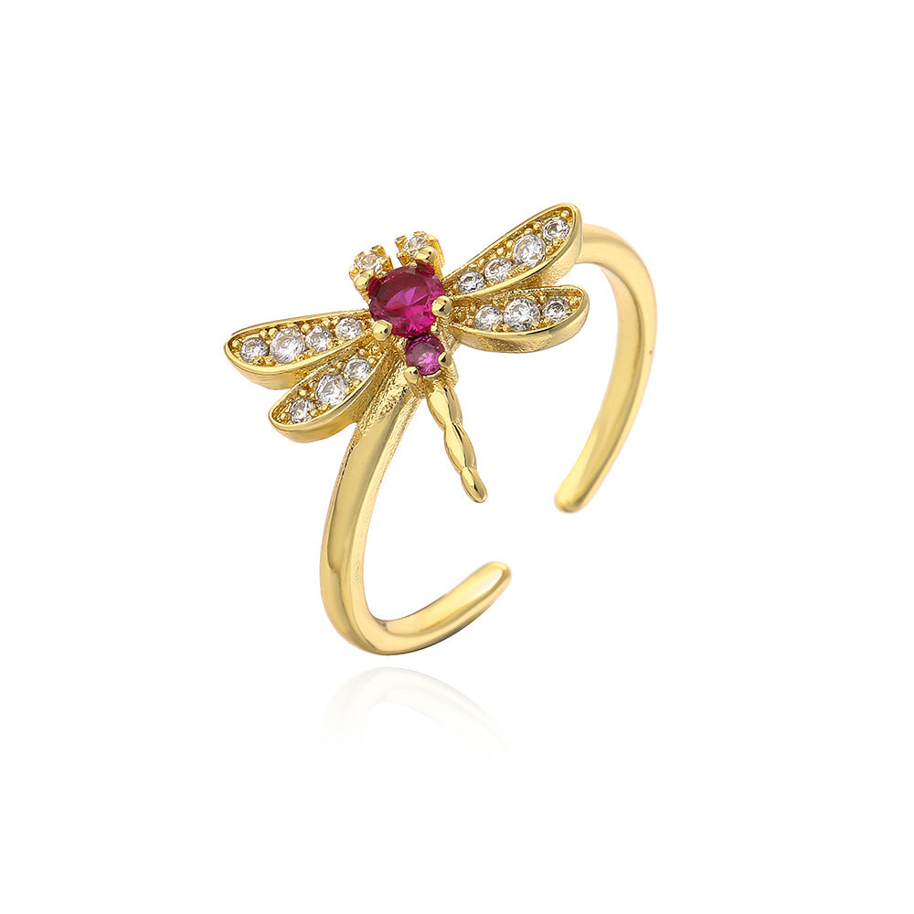 Minimalist Butterfly and Dragonfly Shaped Adjustable Copper Ring with Real Gold Plating and Zircon Inlay for Women
