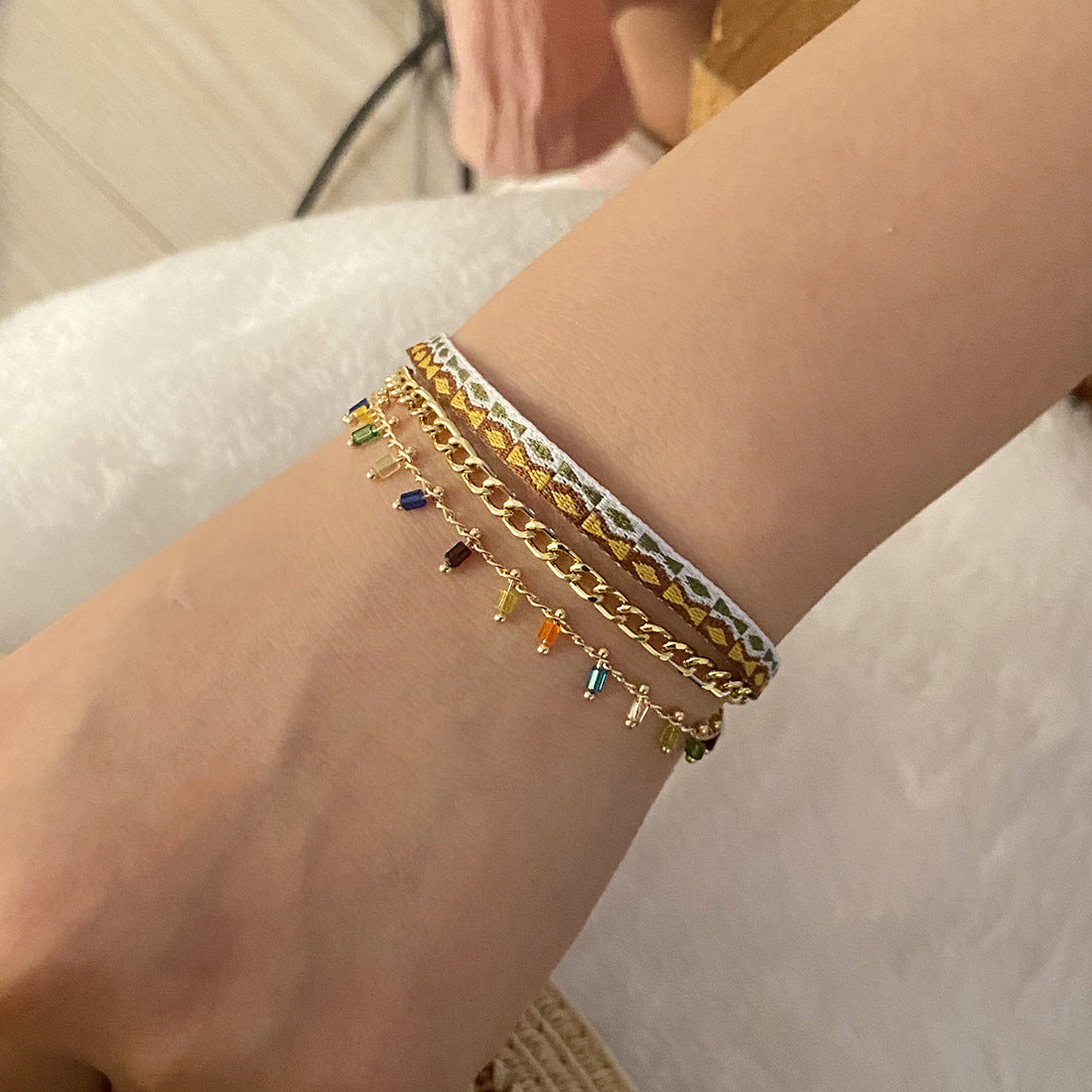 Bohemian Crystal Bracelet with Satin Ribbon Accents for Women, Electroplated Finish, White Crystal Embellished Fashion Accessory