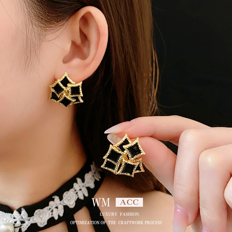 Vintage French-Style Geometric Square Enamel Earrings with Stainless Steel Posts for Women