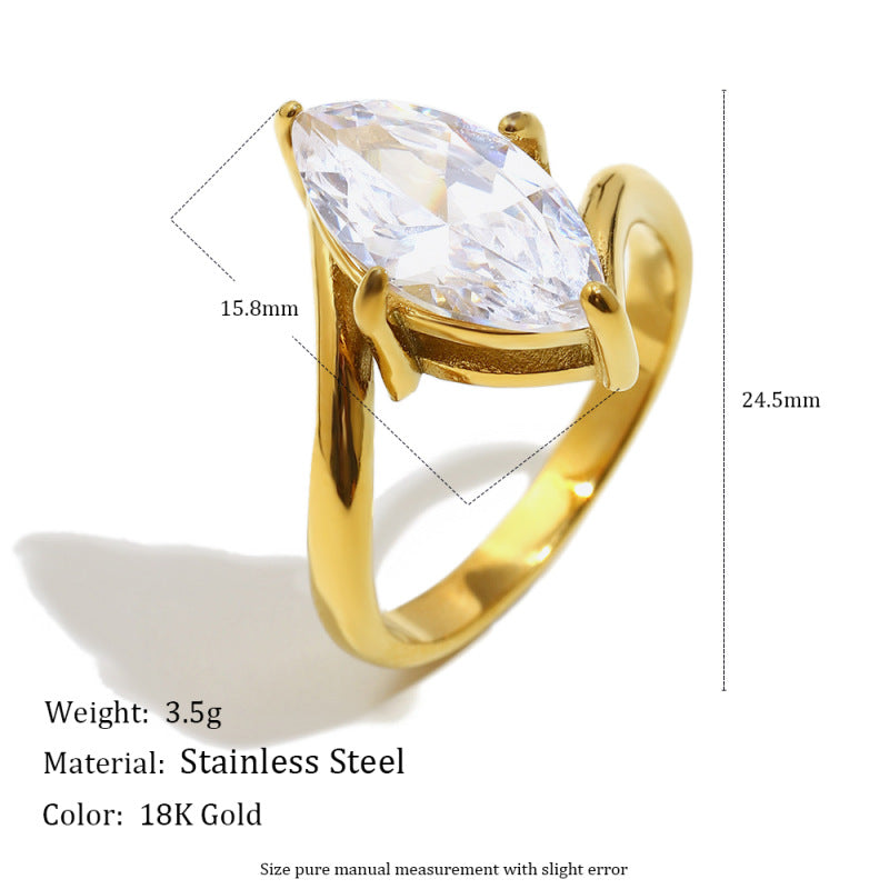 Luxury Minimalist Marquise Teardrop Geometric Gold Plated Stainless Steel Ring with Cubic Zirconia for Women
