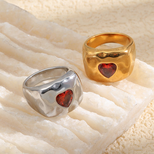 Vintage Minimalist Heart Geometric Gold Plated Stainless Steel Ring with Red Rhinestone for Women