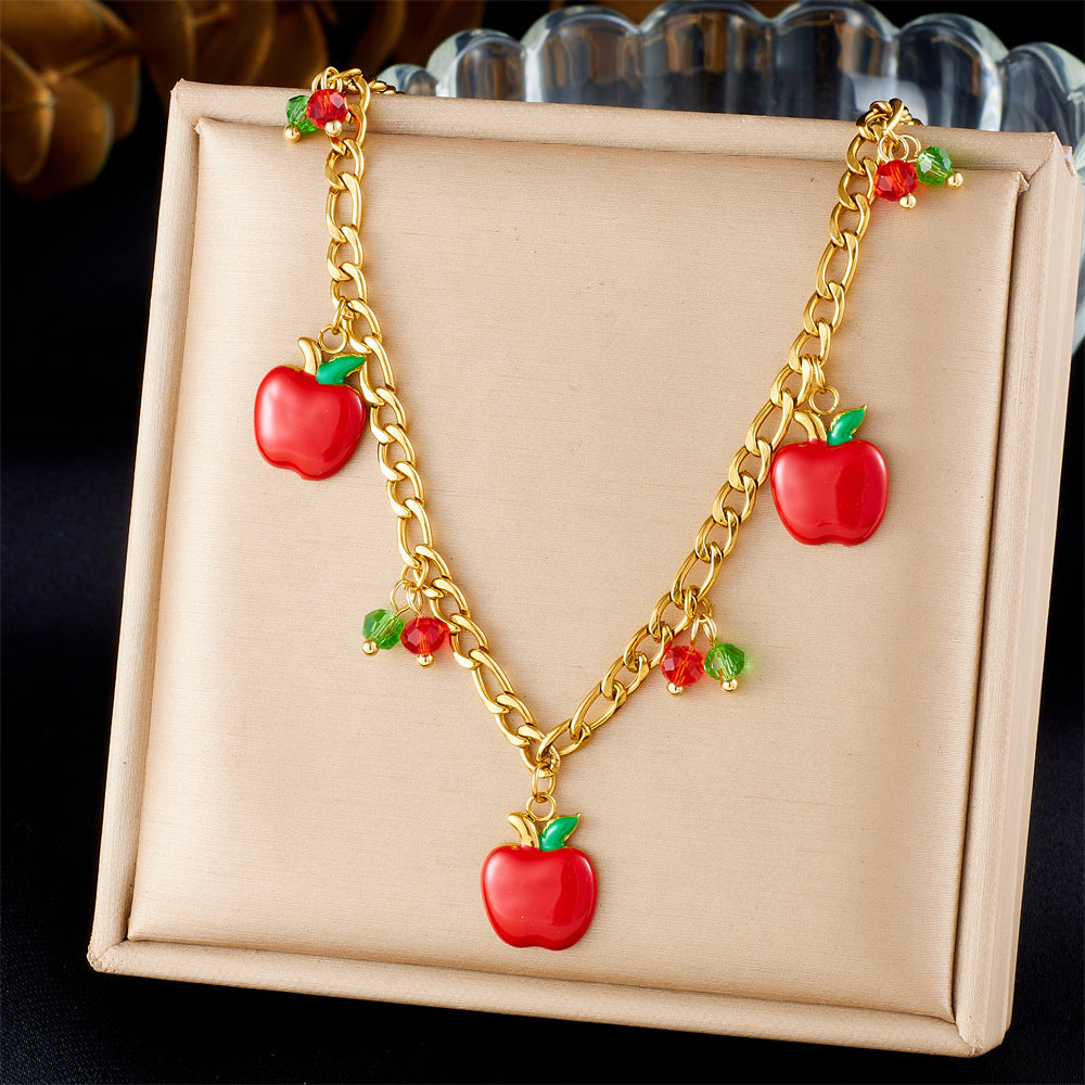Sweet Cartoon Red Drip Oil Fruit Pendant Necklace Stainless Steel Serpentine Chain Women