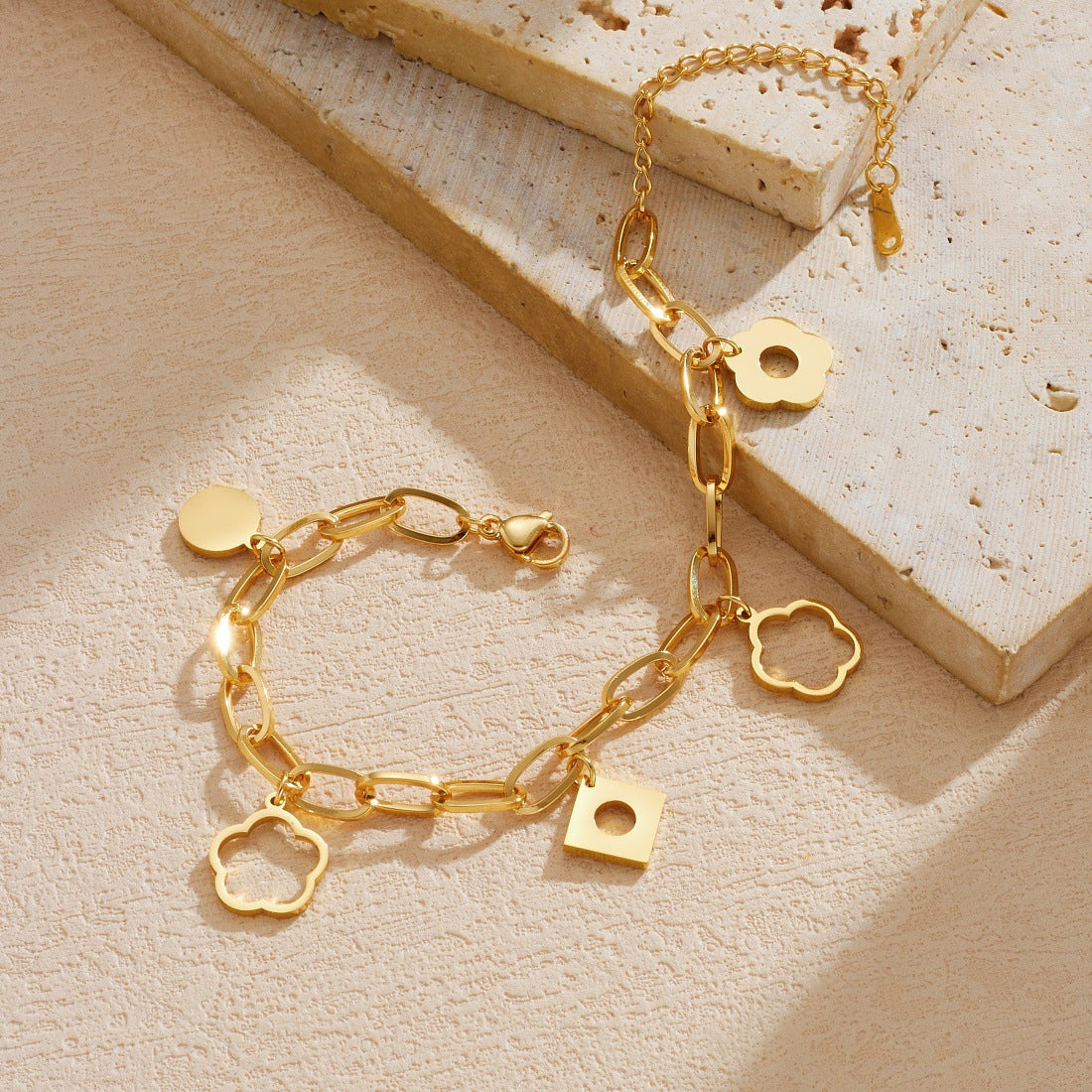 Vintage Gold Plated Stainless Steel Floral Geometric Round Square Pendant Bracelet