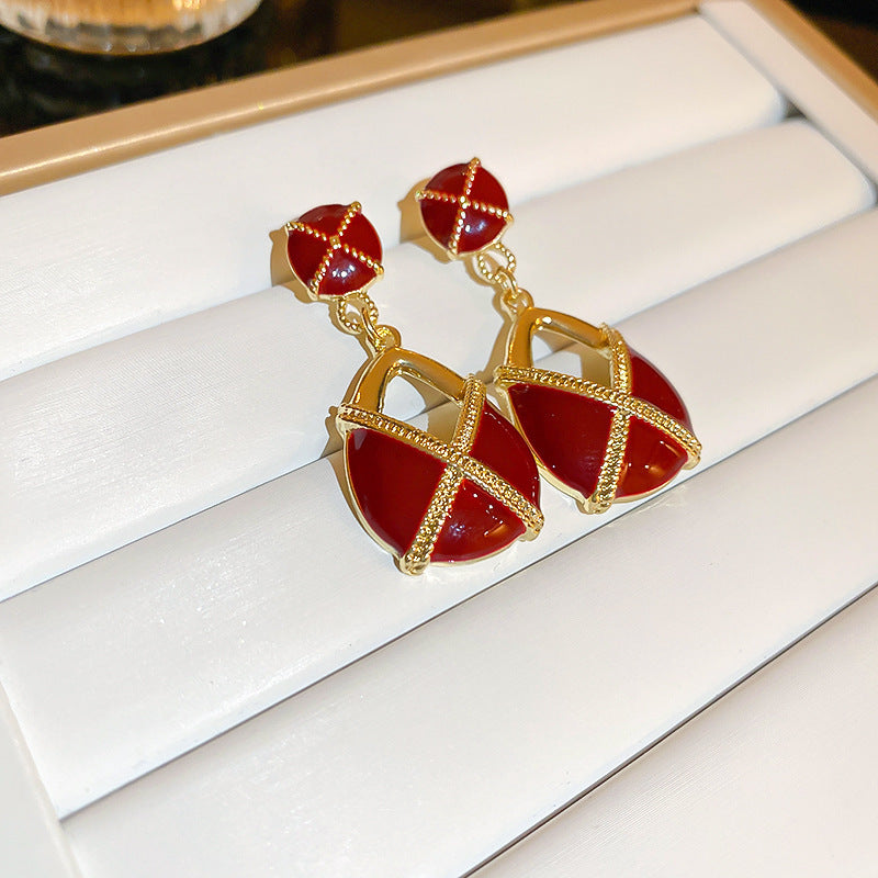 Elegant Geometric Dangle Stud Earrings for Women with Red Tassels, Alloy Base and Gold Plated Finish