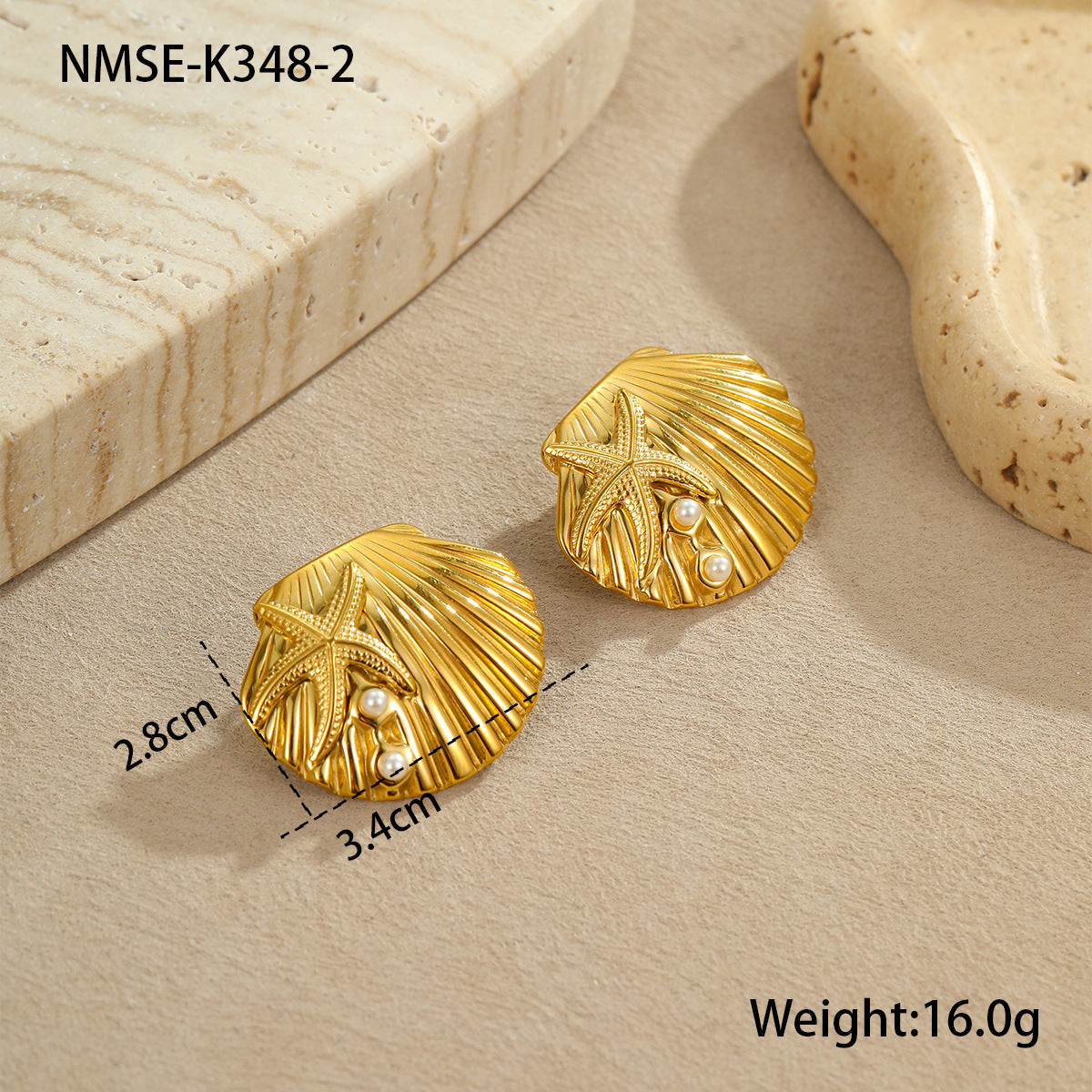 Pendientes, anillos y collar de acero inoxidable geométricos inspirados en el océano con chapado en oro de 18 quilates, textura de concha y detalles de estrellas