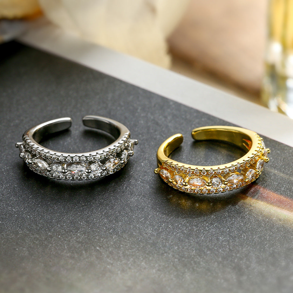 Minimalist Geometric Open Ring for Women Made of Brass with Real Gold Plating and Zircon Inlay
